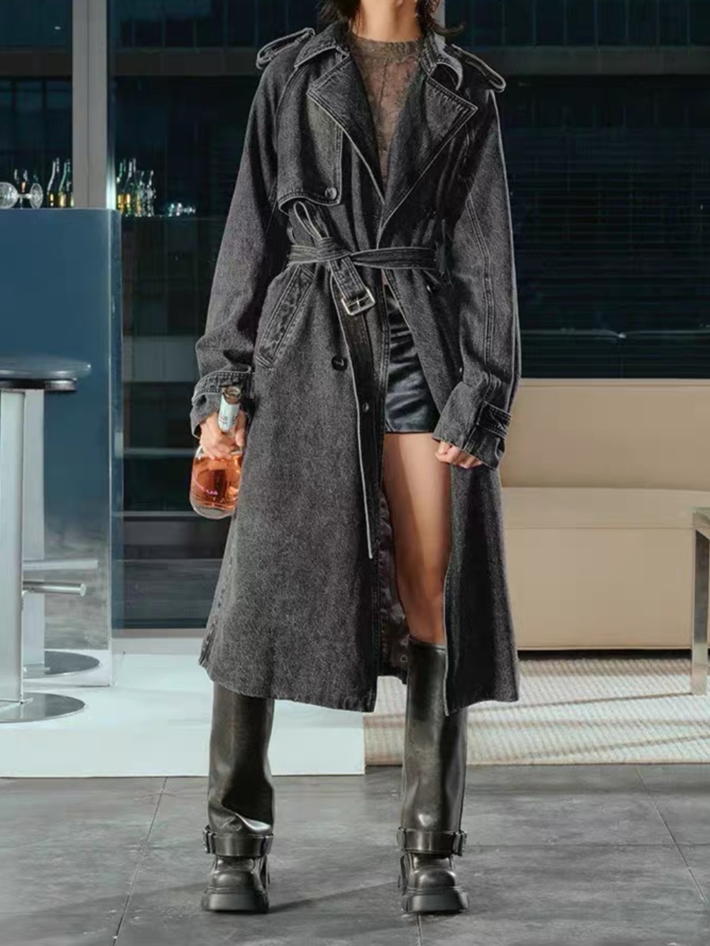 Charcoal Long Belted Denim Trench Coat - Contemporary Women's Outerwear